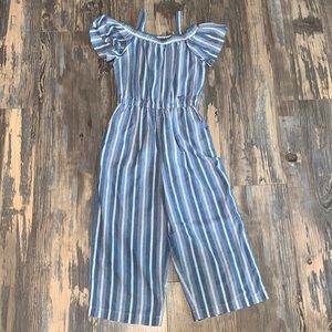 Bebe Girls Blue Stripe One Piece Capri Jumper Off Shoulder Size M (10-12)